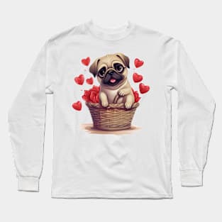 Cartoon Pug Dog in Hearts Basket Long Sleeve T-Shirt